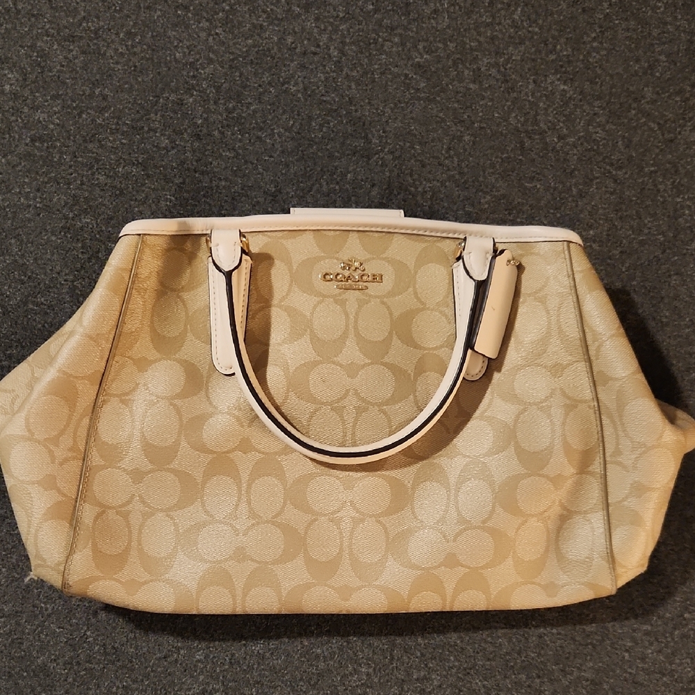 Used Coach Beige Signature Canvas Tote with Light Trim